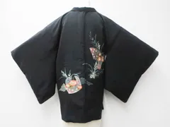 【一輝堂】【着物】 羽織 黒羽織 絵羽柄 刺繍 菊 桐文 羽織紐別売り 身丈約79cm 裄丈約65cm 25z04-1746