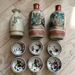 菊の花と漢文◇九谷焼 青粒金彩徳利 とっくり お猪口 酒器 昭和レトロ 