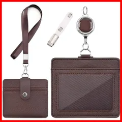 ネームホルダー 定期入れ 両面用 社員証 名札 IDカードケース パスケース 横型&縦型 胸ポケットクリップ&伸縮リール式 - クリップストラップ付き IDカードホルダー (横型ブラウン)
