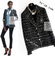シャネル エンブレム ジャケット CHANEL ブラック シルバー トリム CC ロゴ ルサージュ ブレザー 超美品 38 日本9号 M 伝説の限定版 プラダを着た悪魔