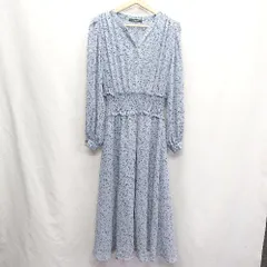 ◇ ⊇ w closet 小花柄 ウエストゴム Vネック 長袖 ロング丈 ワンピース サイズF ライトブルー系 レディース E  【1410100042456】
