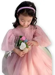 MTP & Style チュール レース ワンピース ピンク バルーン袖 ベビー ドレス 結婚式 誕生日 キッズ 子供 プレゼント お祝い(80,  M)