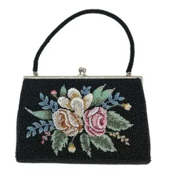 ビーズバッグ ハンドバッグ がま口 黒 ブラック 花柄 総ビーズ フォーマル パーティー 薔薇 洋装 和装 レトロ アンティーク風 ヴィンテージ風 上品