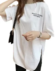 [エンプティオ] ラウンドカット 半袖 tシャツ お洒落 かわいい カットソー レディース トップス チュニック トレーニング オーバーサイズ プリント ワンポイント 可愛い スポーツ 英字 スポーツtシャツ アウトドア ビッグシ [ミストホワイト] [XL]