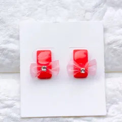 No.378　レジン　リボン　コーラルピンク　スクエア　ピアス　イヤリング