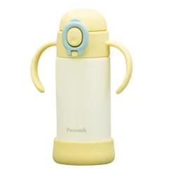 ☆ イエロー ☆ Peacock ベビーストローボトル ハンドル付き ベビー 保冷 ストローマグ 350ml ストローボトル 子供用水筒 食洗機対応 ステンレスボトル 水筒 ワンタッチ ハンドル付き 持ち手付き カバー付き 飲みやすい 持ちやすい 食洗器