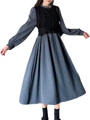 babester ベイブスター 重ね着風ワンピース レディース ミドル丈 ロング スリーブ スカート( ブラック/ネイビー,  L Regular)