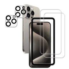 【人気商品】KPNS 日本素材製 強化ガラス iPhone15 Pro 【2+2枚セット】ガイド枠付き 用 ガラスフィルム カメラフィルム カバー 保護フィルム