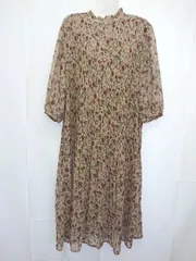 ◇ Θ AG by aquagirl 花柄 プリーツ 七分袖 膝下丈 フレア ワンピース サイズM ブラウン レディース E  【1506180008359】