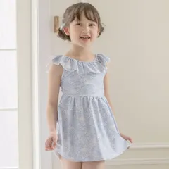 【小花柄猫・ブルー】フリル衿ワンピース水着 キッズ TAK キャサリンコテージ