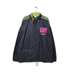 80s アディダス チュジニア製 VENTEX ユーロ別注品 ヴィンテージ ナイロンジャケット ウインドブレーカー オールド adidas フロッキー バックプリント 黒ベース ネオンカラー サイズXL相当 古着 @CK0120