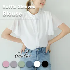 ラッフルスリーブ ブラウス レディース 半袖 シフォン トップス スタンドカラー 透け感 袖フリル 楊柳 きれいめ 仕事 /全国送料無料/ /限定販売/ /追跡番号付きで安心/ ♢