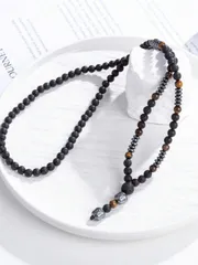 ジュエリー メンズ ネックレス 1個 ヴィンテージ ブラック 火山岩 天然タイガーアイ仏頭ネックレス、メンズ デイリーウェア