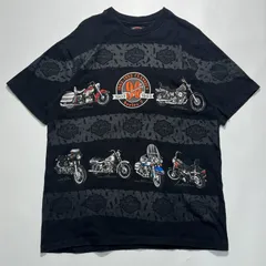 90's HARLEY DAVIDSON USA製 ビンテージTシャツ L 黒 ブラック シングルステッチ オールオーバープリント