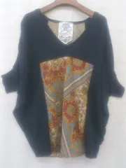 ◇ L'SULLY ルスリー 柄 切替 五分袖 ニット カットソー サイズ38 ネイビー レッド系 マルチ レディース P  【中古】 【1212200025649】