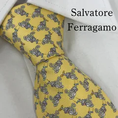 《美品》Salvatore Ferragamo (サルヴァトーレ・フェラガモ) イタリー製ネクタイ 総柄 アニマル柄 サル イエロー