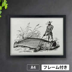 ピラルク（Arapaima gigas）を捕えた男　1800年代のイラストより　モノクローム　A4 荒い麻布の風合い アートポスター【フレーム付】《AS》