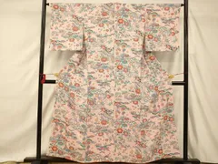 【美品】単衣の小紋　更紗花文　鬼しぼ縮緬　正絹　バチ衿　六通袋帯　葡萄蔓文様 美品】単衣の小紋 更紗花文 鬼しぼ縮緬 正絹 バチ衿 六