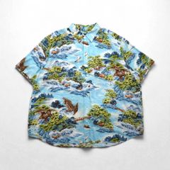 RALPH LAUREN 和柄 ビッグサイズ ボタンダウン アロハシャツ 3XL ブルー レーヨン ビスコース 総柄