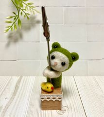 ハンドメイド　羊毛フェルト★カエル猫ちゃん　メモスタンド