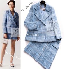 180万 シャネル ジャケット スーツ CHANEL 2023 美人見え ベビー ブルー ココボタン ダブル 春夏 サマー ツイード スカート 23PS  新品同様 38 【約9号/M】