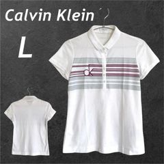 Calvin Klein カルバンクライン レディース 半袖ポロシャツ L ゴルフウェア シャツ デサント ロゴ ホワイト系 (F52）★