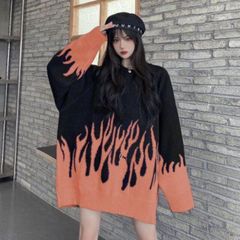 ファイヤー ニット セーター 韓国 オーバーサイズ　オレンジ 大人気