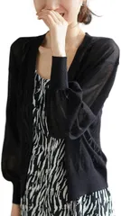 Eve Evan(イヴ エヴァン) イヴエヴァン パフスリーブ ニット カーディガン 透け感 Vネック 羽織 レディース(ブラック,  L)