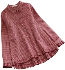 [エンプティオ] 長袖 チェック柄 ブラウス レディース シフォン チュニック 襟なし エレガント レース ゴシック トップス ユッタリ スキッパー シフォンブラウス カジュアル フンワリ セレモニー 薄手 韓国風 開 [ギンガムチェック柄レッド] [2XL]