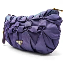 【良品】 PRADA プラダ ハンドバッグ ポーチ リボン 三角パレード ギャザー 紫 パープル ゴールド金具 ナイロン レザー 革 ユニセックス 男女兼用 メンズ レディース