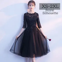 パーティードレス 大きいサイズ ブラック 黒 結婚式 服装 七分袖 レース XS S M L XL LL 2XL XXL ワンピース 二次会 お呼ばれ 発表会 フォーマル イブニングドレス ミモレ丈 袖あり 体型カバー