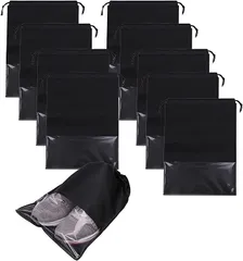 C-POSH 靴袋 巾着 不織布 シューズバッグ 収納袋 服入れ 透明窓付き 靴収納ケース Mサイズ 10枚入り(黒,  Mサイズ 10枚入り)
