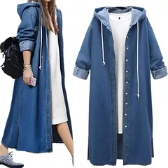 AIR BY(エアバイ) フード付き 長袖 デニムコート レディース ロングコート デニムジャケット スプリングコート( ダークブルー,  M)