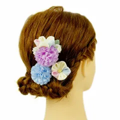 髪飾り 成人式 つまみ細工 振袖 前撮り 袴 浴衣 夏祭り 花火大会 豪華3点セット 紫 白 水色 ピンク ちりめん ヘアアクセ かん No.9-3602