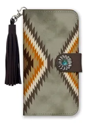 iPhone 16 Pro ケース 手帳型 アイフォン16プロ スマホケース フリンジ ストラップ付 コンチョ ネイティブ オルテガ柄 西海岸 カジュアル ネイビー ホワイト メンズ 男性 カラー05