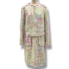 LOUNIE ルーニィ ミックスツイードセットアップ ワンピーススーツ ノーカラージャケット 半袖ワンピース フリンジ 入学式 卒業式 マルチカラー パステルカラー 38サイズ レディース 春 秋 冬 ゴーゴー古着マルイファミリー溝口店 30 No.108