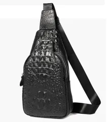 上質 メンズ　ボディーバッグ レザー ショルダーバッグ 斜めがけ 本革 牛革 ワンショルダー 鞄 クロコダイル型押しボディバッグ　ブラック