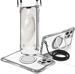 【特価商品】iPhone 13 Pro Max 用 ケース クリア 縦横両対応 360°回転スタンド リング マグネット搭載 MagSafe対応 ワイヤレス充電対応 いphone13 pro max ケース 肩掛け 斜めかけ 縄掛けケース 透明 tpu メッキ