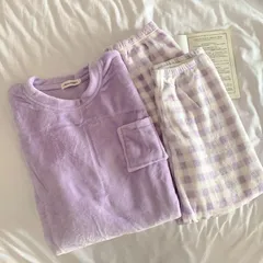 パジャマ ルームウェア レディース モコモコ 秋冬 チェック柄 長袖 丸首 フランネル 暖かい 上下セット 可愛い 部屋着 ゆったり 韓国風 GKWu117