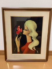 ビーズアート 東郷青児 現状品 額装 絵画 女性画 美人画 昭和レトロ
