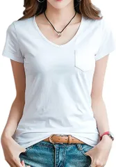 B-talk(ビートーク) BT28 Tシャツ 半袖 Vネック 胸ポケット カットソー トップス レディース オシャレ( ホワイト,  S)