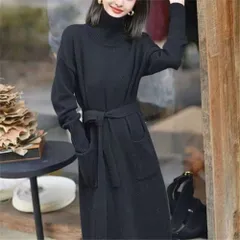 ☆ ブラック ☆ ロングワンピース ニット mmop822c ニットワンピース ロング レディース ニット ワンピース ワンピ セーター 長袖 ロング丈 タートルネック ハイネック ポケット ゆったり カジュアル 体型カバー シンプル 秋 冬