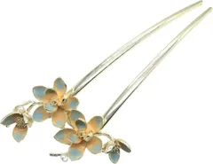 Miaomyao ミャオミャオ 簪 かんざし バチ型 髪飾り 和装 留袖 着物 金属 ゴールド パール フラワー 蓮の花 睡蓮 モチーフ U字 コーム ヘアアクセサリー(ブルー,  大きめ)