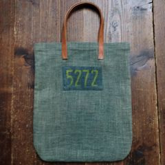 ヴィンテージ生地　古布　本麻　 リメイク トートバッグ　 オリーブ(本体) ☓ カーキ(5272)