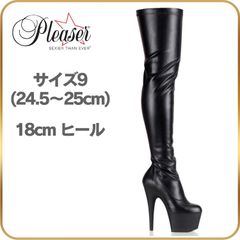 24.5 25 cm Pleaser プリーザー ニーハイブーツ サイハイブーツ 黒 ブラック ブーツ 厚底 つや消し合皮 18cm ヒール ピンヒール ポールダンス コスプレ ハイヒール ストレッチ 18センチ ヒール 靴 ADORE-3000 即納