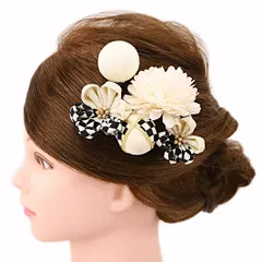 髪飾り 成人式 振袖 浴衣 卒業式 袴 結婚式 5点セット 白 黒 市松 花 和 洋 かんざし 手作り 簪 つまみ細工 ちりめんフォーマル 花飾り 玉飾り ブライダル W 38 303-296 白 白 p741　Si