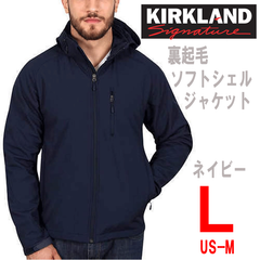 新品 L ★ コストコ カークランドシグネチャー メンズ ソフトシェル ジャケット 裏ボア ネイビー 紺 US-M ストレッチ フード付き 撥水 防風 防寒 フリース 伸縮 パーカー アウター ブルゾン 裏起毛 男性用 Kirkland Signature
