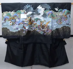 七五三 五歳 男児 羽織・着物・襦袢3点セット L寸 豪華絢爛 綸子地 鷹 兜 黒地 5歳 五才 5才 祝着 男の子 お仕立て無料 NO41823-2
