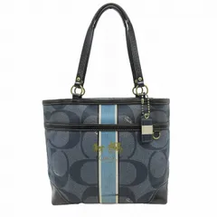 コーチ COACH 12494 ヘリテージストライプ トートバッグ PVC レザー デニム調 シグネチャー ロゴ チャーム 総柄 ステッチ チェック裏地 ハンドバッグ 肩掛け 手提げ 手持ち カバン 鞄 紺 ネイビー ブルー ダークブラウン レディース