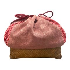 【🔥50%OFF🔥】ME-A-378  定価6,600円　竹籠巾着　籠バッグ  巾着　ちりめん　ピンク　夏 祭り 花火大会　シンプル 大人  レディース　ミニマリスト　ケース　ポシェット　小物入れ　収納　お出かけ　雑貨　グッズ　かわいい　デート　プレゼント